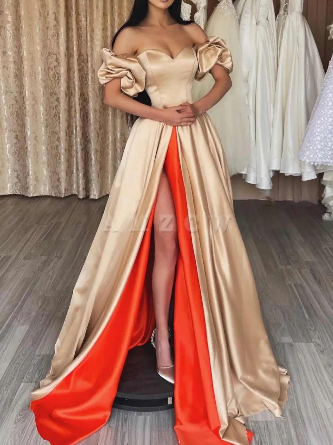 Amzcw Champagne sweetheart neck satin long prom dress unique evening dress formal wear dresses