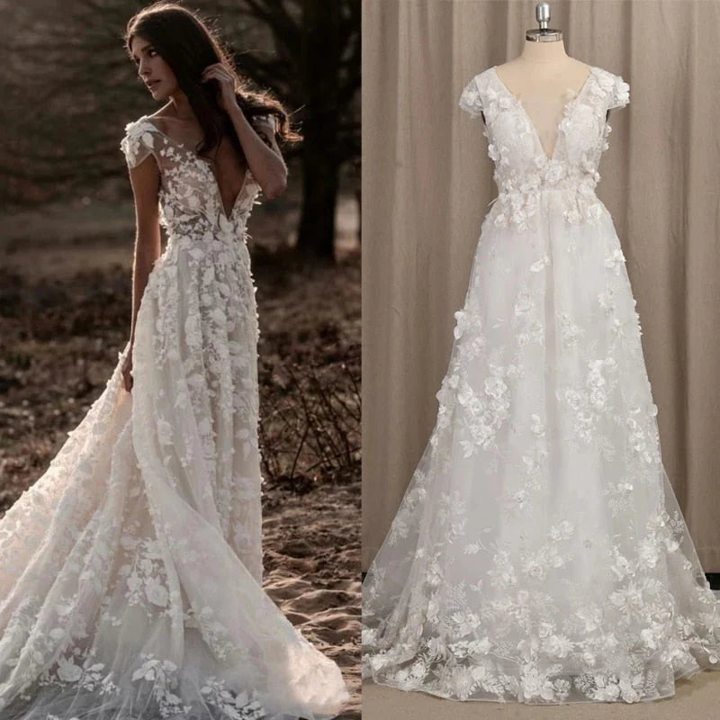 A Line Ivory V Neck Country Wedding Dresses With Appliques