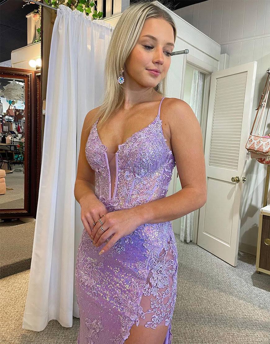 Vestidos de fiesta largos con escote en V, tirantes finos y apliques con abertura sexy