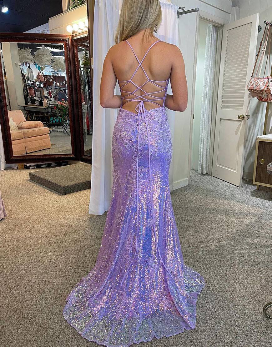 Vestidos de fiesta largos con escote en V, tirantes finos y apliques con abertura sexy