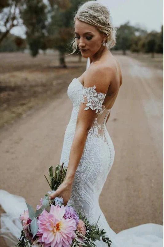 Charming Ivory V Neck Mermaid Strapless Lace Appliques Wedding Dresses