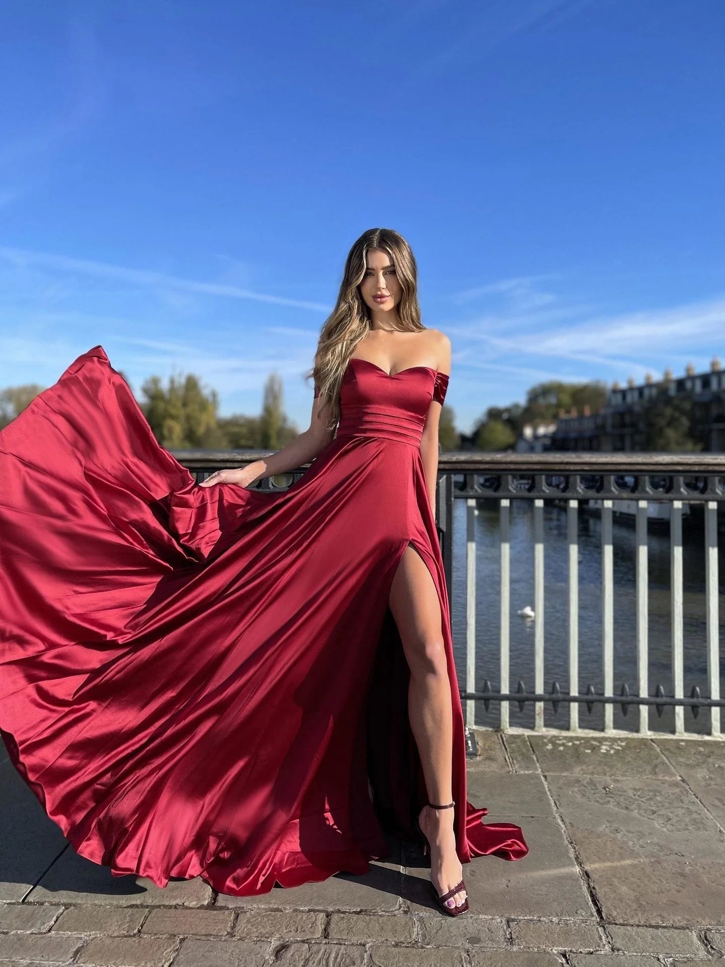 Off The Shoulder Long Slit Burgundy Simple Prom Dresses