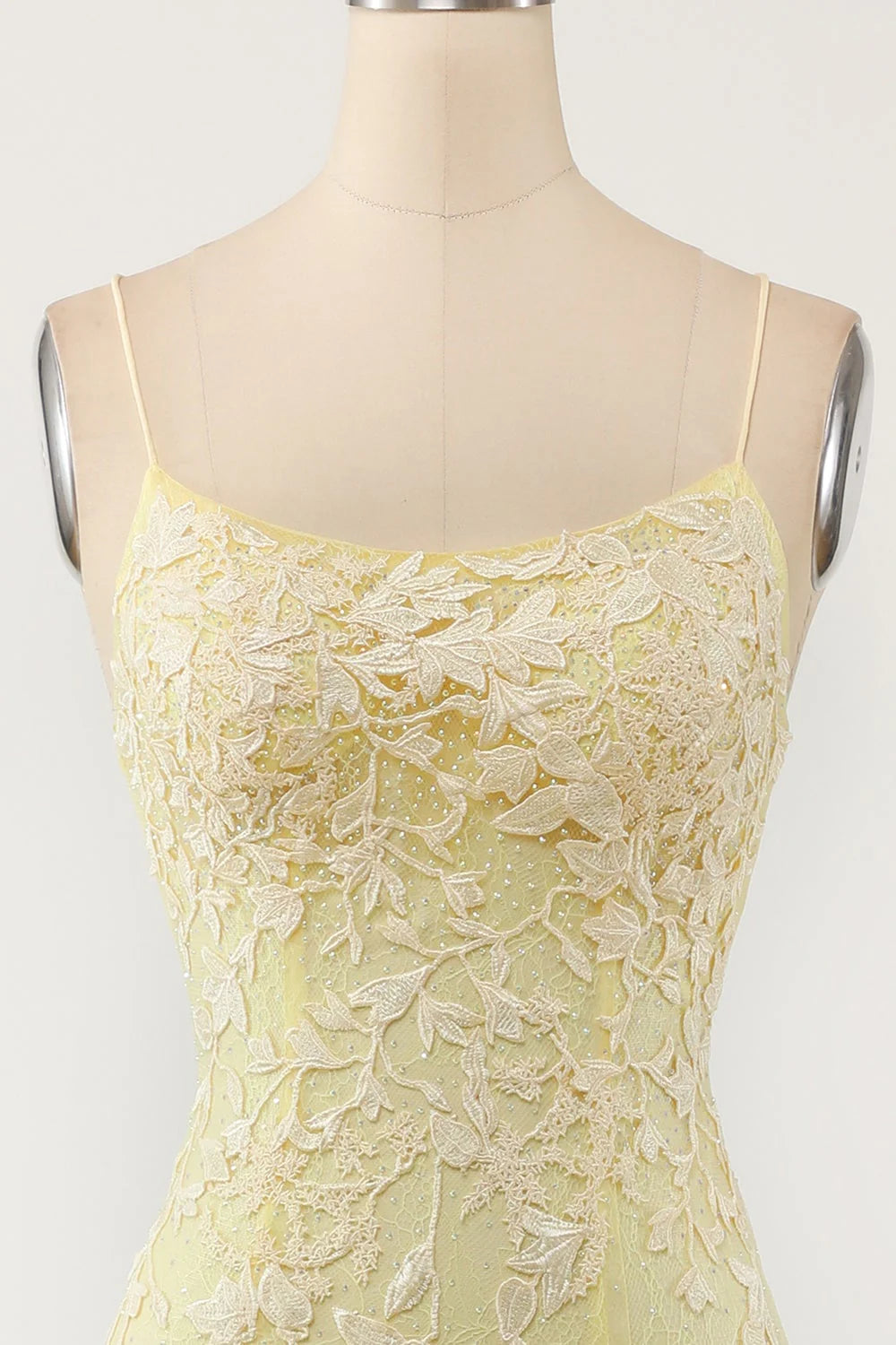 Charming Yellow Mermaid Lace Square Spaghetti Straps Long Open Back Prom Dresses