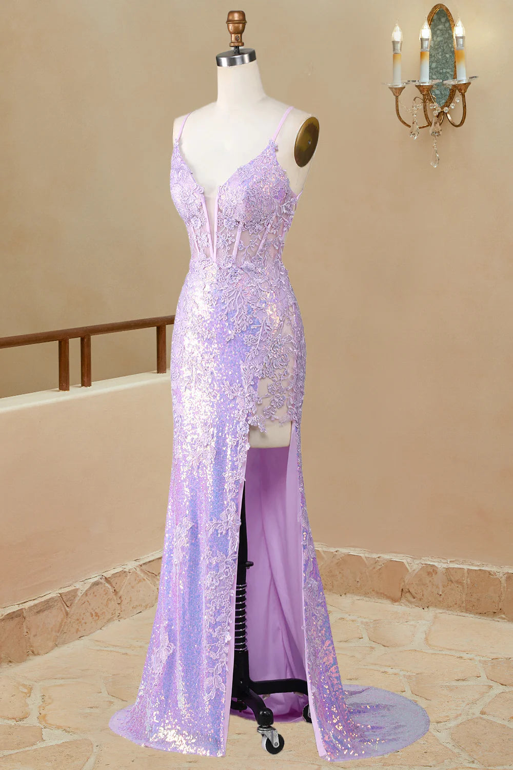 Vestidos de fiesta largos con escote en V, tirantes finos y apliques con abertura sexy