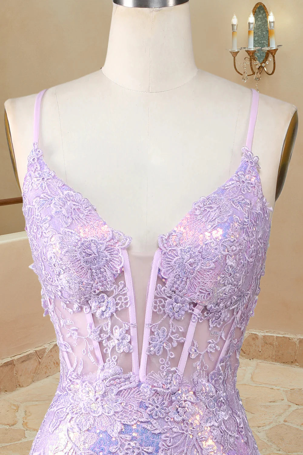 Vestidos de fiesta largos con escote en V, tirantes finos y apliques con abertura sexy