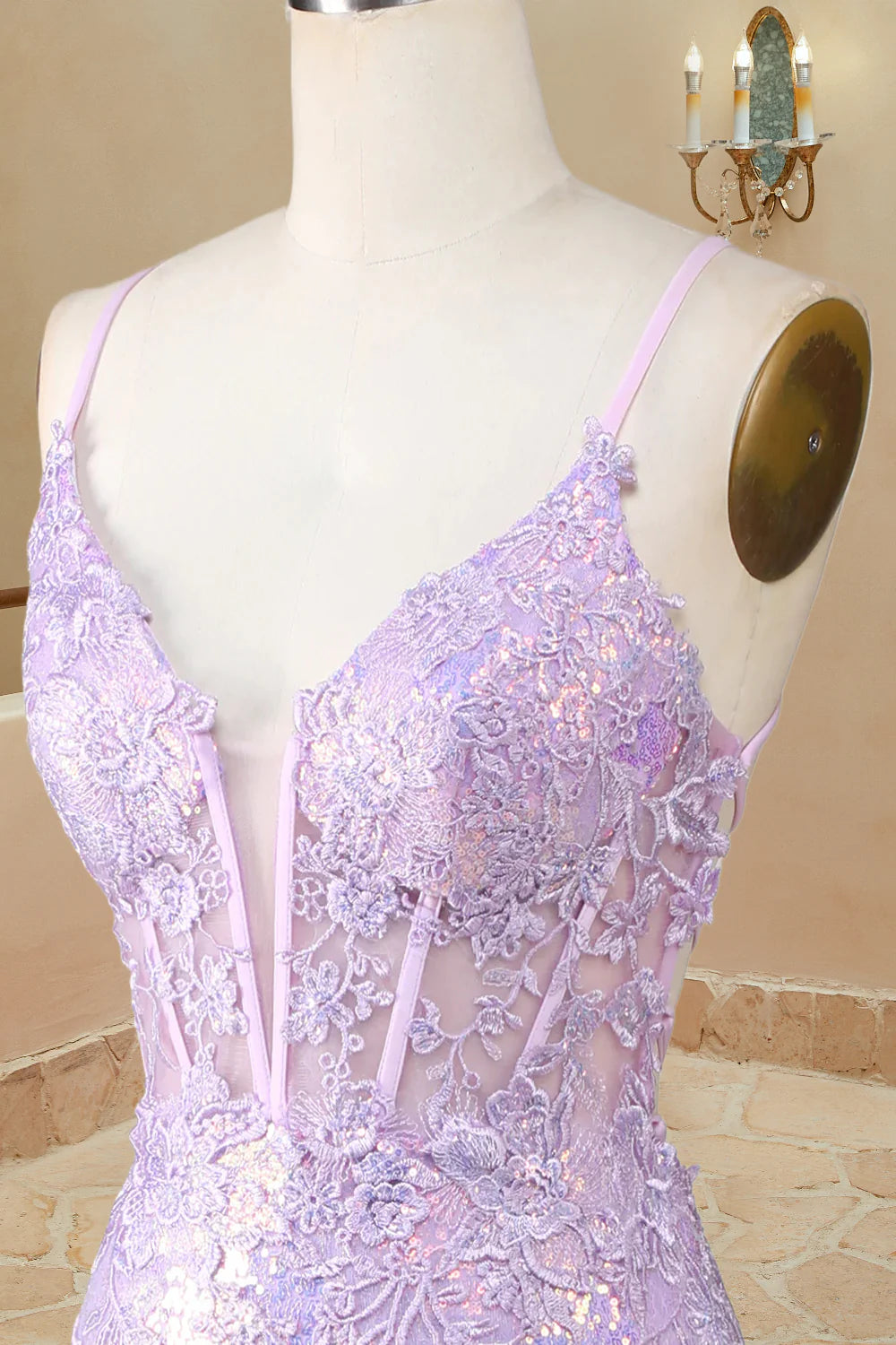 Vestidos de fiesta largos con escote en V, tirantes finos y apliques con abertura sexy