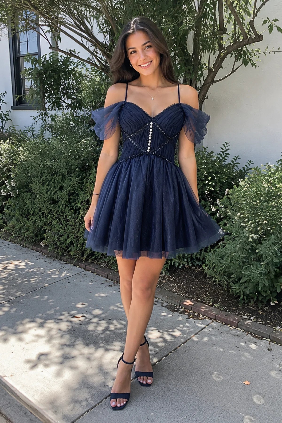 Charming A-Line V-Neck Off-Shoulder Ruched Tulle Dark Navy Short Homecoming Dresses