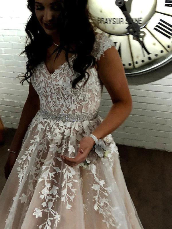 Cheap A Line Cap Sleeve Beaded Prom Dresses With Lace Appliques, Nude Quinceanera Dress