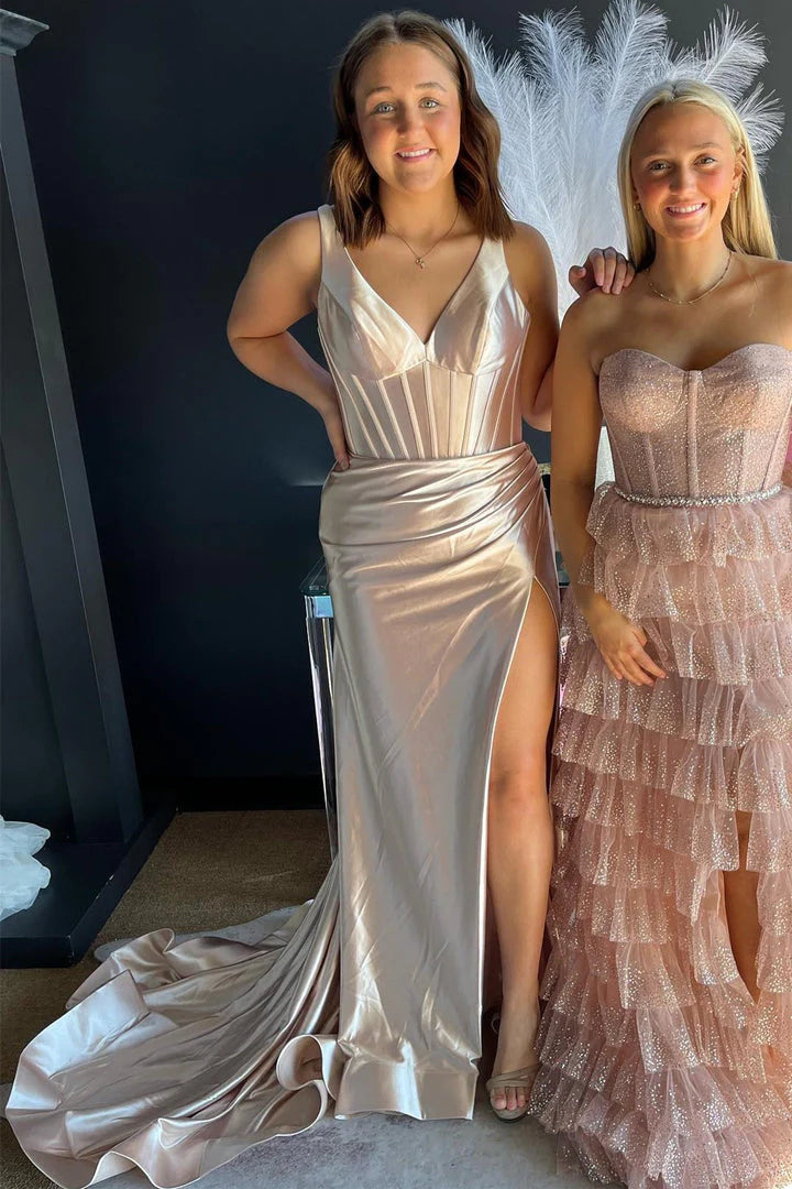 Vestidos de fiesta con escote en V, sirena, espalda descubierta y tirantes finos