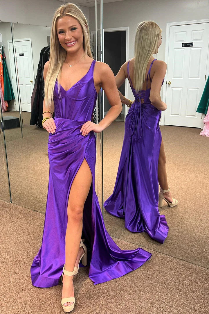 Vestidos de fiesta con escote en V, sirena, espalda descubierta y tirantes finos