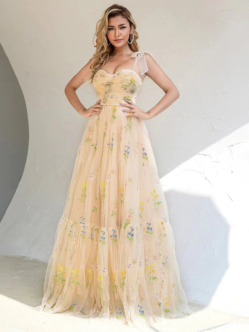 Vestido de fiesta con tirantes finos, corte A, largo, de noche, con apliques