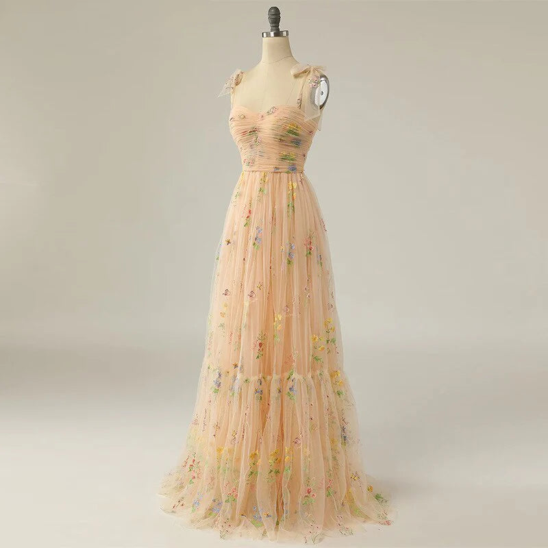 Vestido de fiesta con tirantes finos, corte A, largo, de noche, con apliques