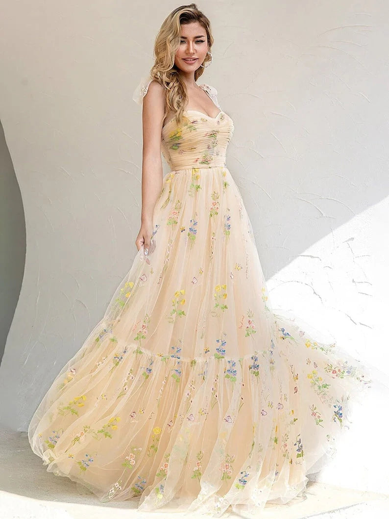 Vestido de fiesta con tirantes finos, corte A, largo, de noche, con apliques