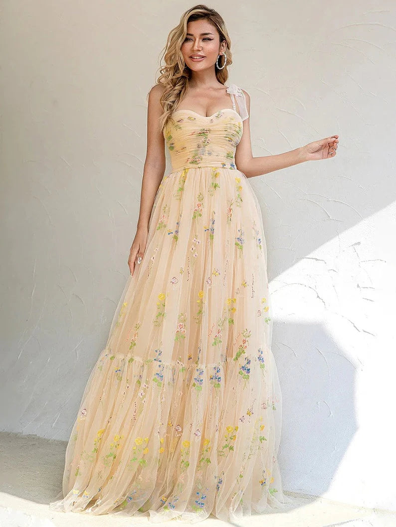 Vestido de fiesta con tirantes finos, corte A, largo, de noche, con apliques