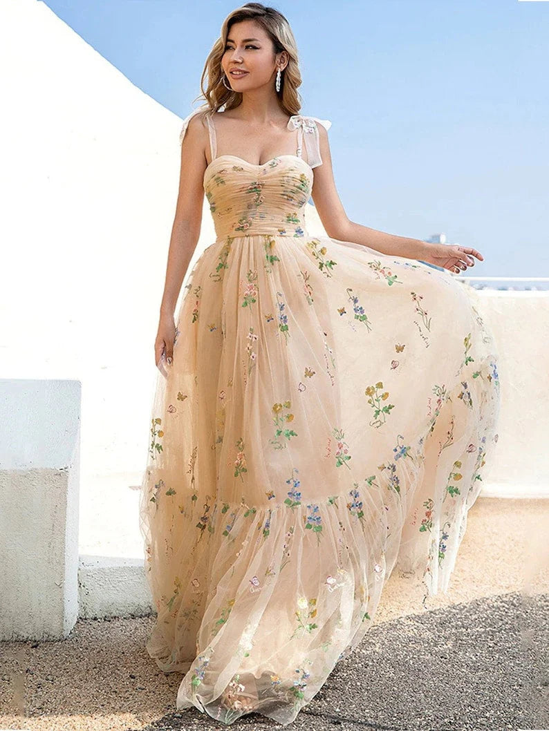 Vestido de fiesta con tirantes finos, corte A, largo, de noche, con apliques