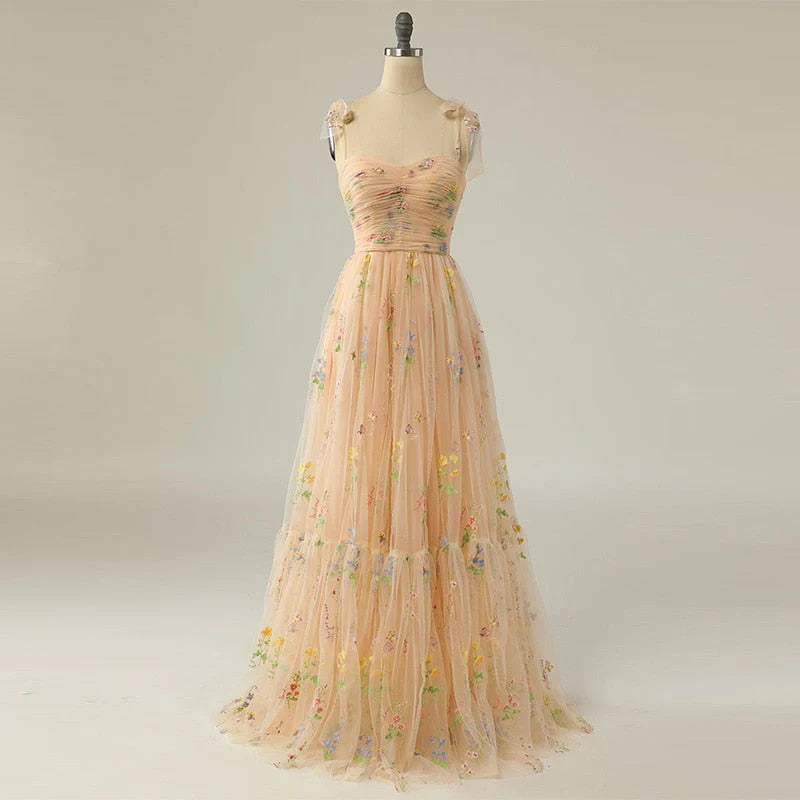 Vestido de fiesta con tirantes finos, corte A, largo, de noche, con apliques