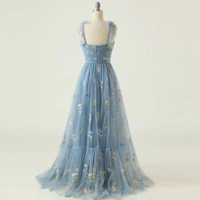 Vestido de fiesta con tirantes finos, corte A, largo, de noche, con apliques