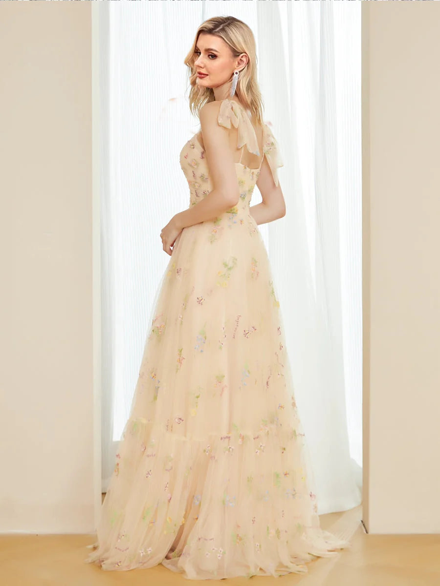 Vestido de fiesta con tirantes finos, corte A, largo, de noche, con apliques