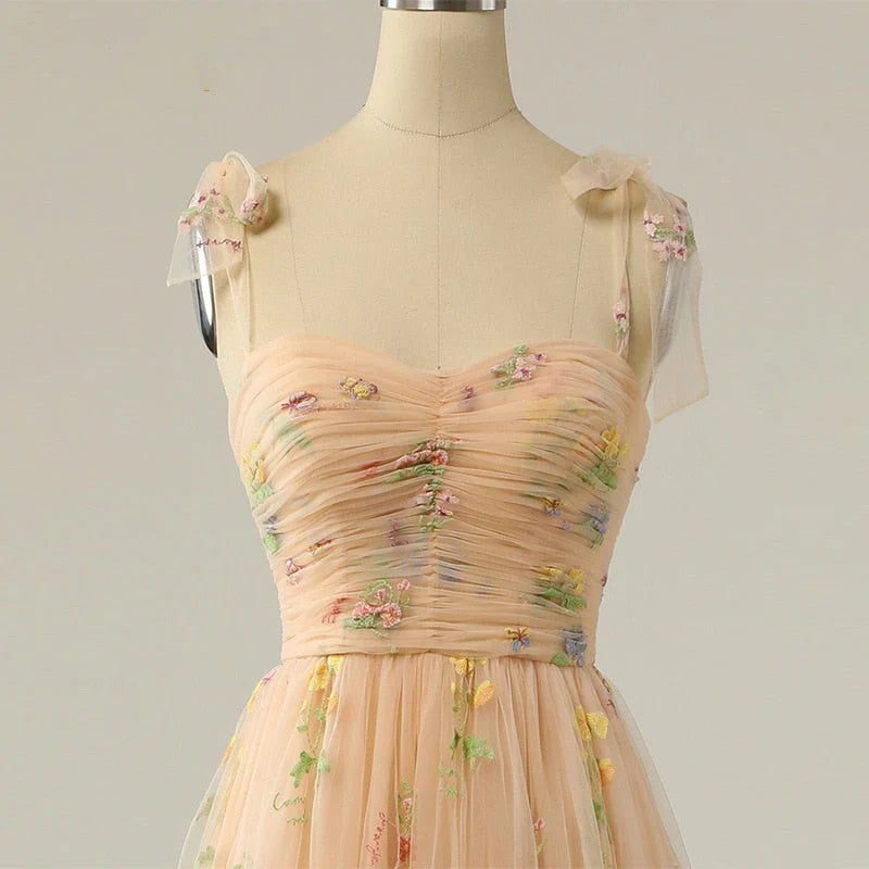 Vestido de fiesta con tirantes finos, corte A, largo, de noche, con apliques