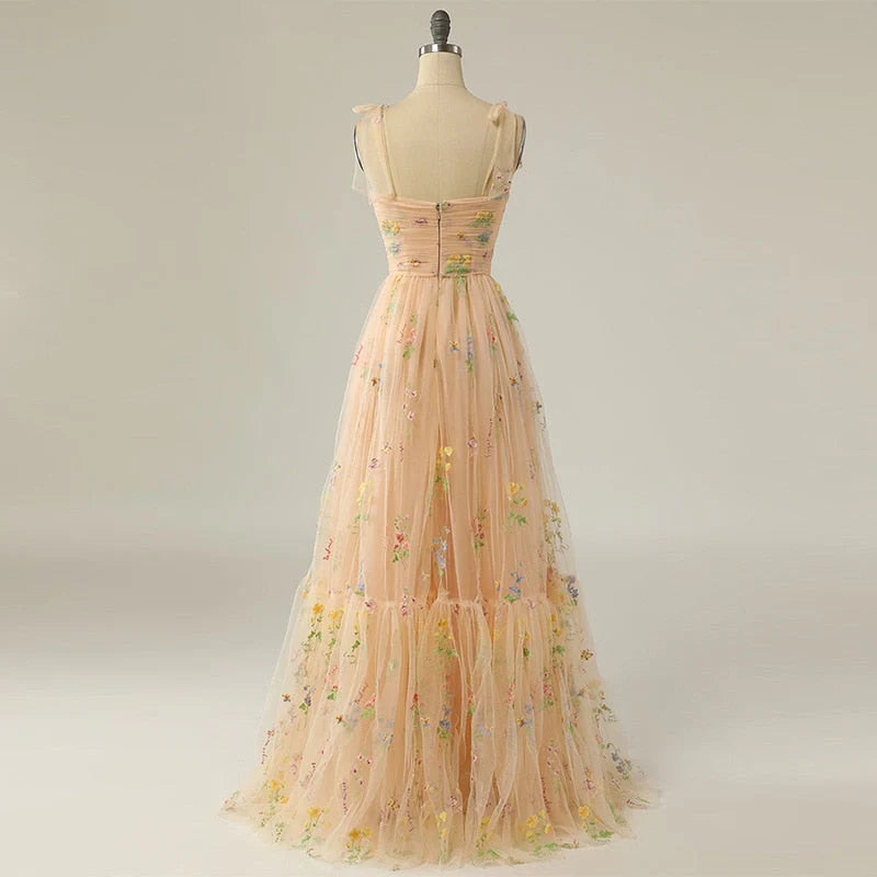 Vestido de fiesta con tirantes finos, corte A, largo, de noche, con apliques