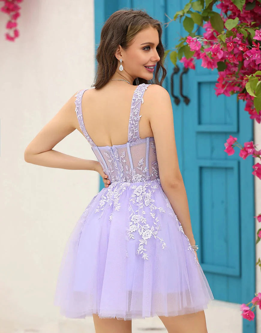 Vestido de cóctel corto con escote en V y cordones, con apliques, para regreso a casa