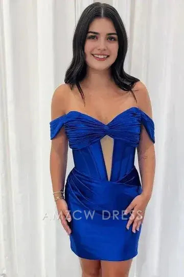 Amzcw Elegant Chic Satin Fitted Off-Shoulder Empire Ruched Homecoming Dress formal wear dresses