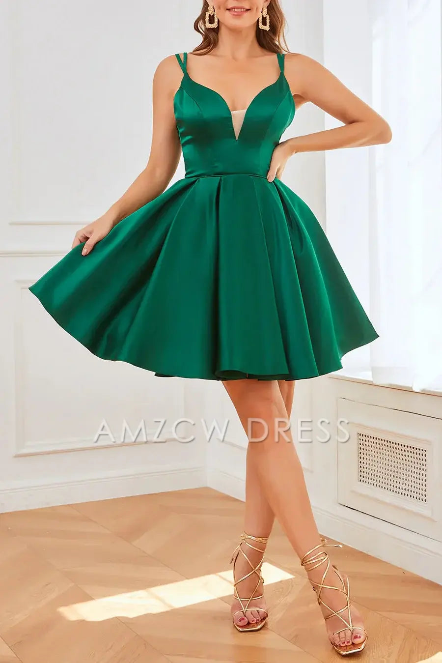 Amzcw Elegant Chic V-Neck Spaghetti Straps Empire Satin A-Line Homecoming Dress formal wear dresses