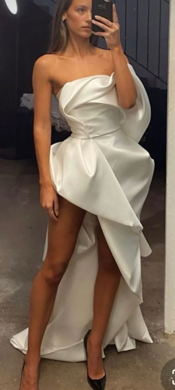 Chic White Satin Asymmetrical Ruffle Strapless High-Slit Back Prom Dress