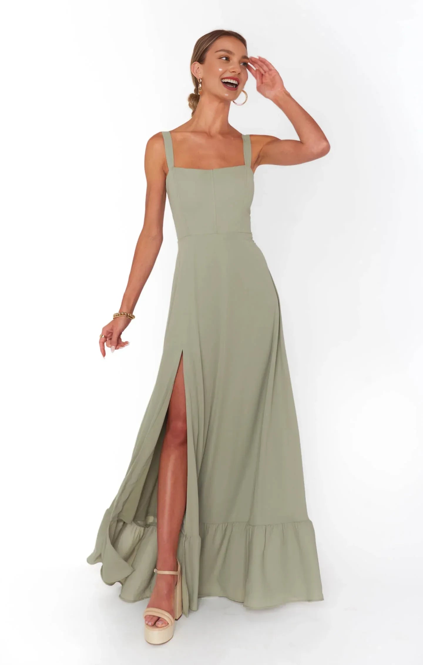 Chic A-Line Square Neck Sleeveless Backless Sage Green Maxi Prom Gown