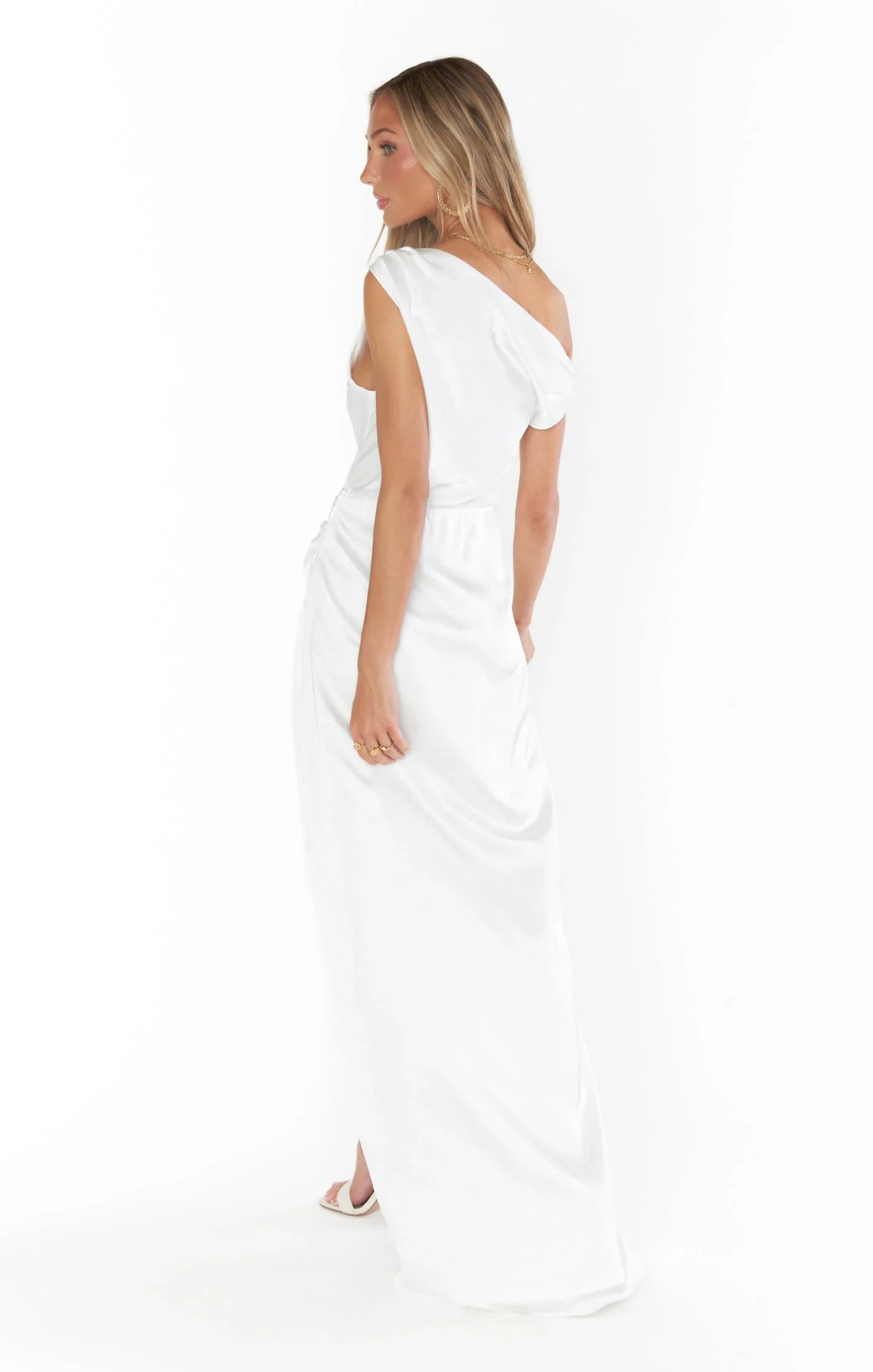 Chic One-Shoulder Ruched High-Slit White Floor-Length Prom Dress Gown