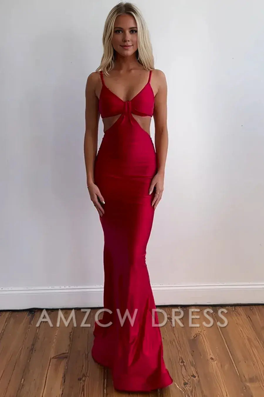 Amzcw Classy Red Spaghetti Straps V-Neck Mermaid Satin Sleeveless Long Prom Dress