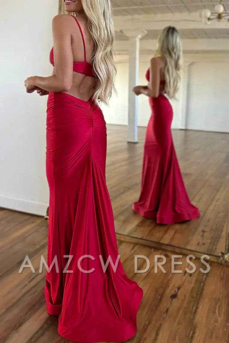 Amzcw Classy Red Spaghetti Straps V-Neck Mermaid Satin Sleeveless Long Prom Dress