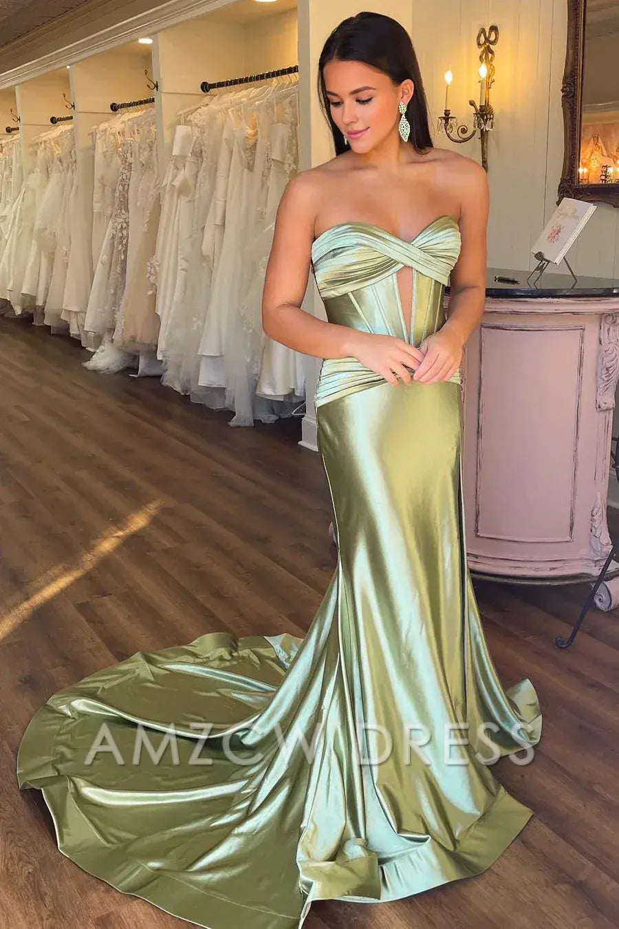 Amzcw Classy Strapless Keyhole Mermaid Satin Long Prom Dress with Slit