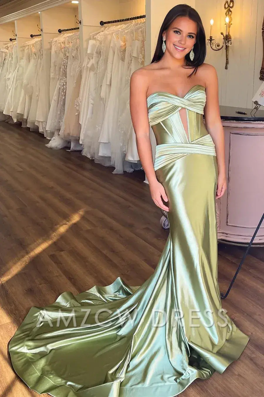 Amzcw Classy Strapless Keyhole Mermaid Satin Long Prom Dress with Slit