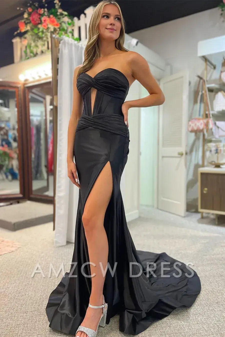 Amzcw Classy Strapless Keyhole Mermaid Satin Long Prom Dress with Slit