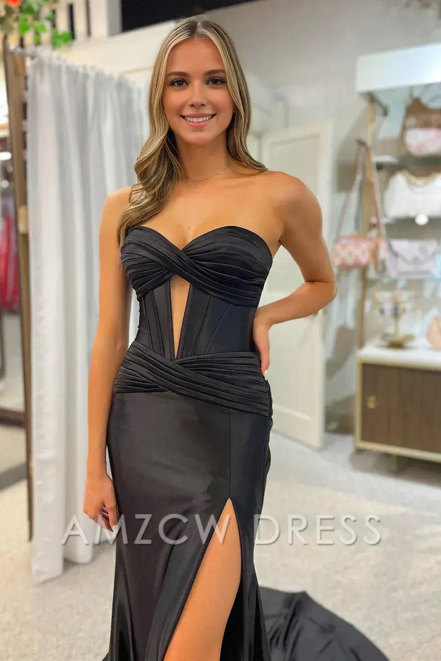 Amzcw Classy Strapless Keyhole Mermaid Satin Long Prom Dress with Slit