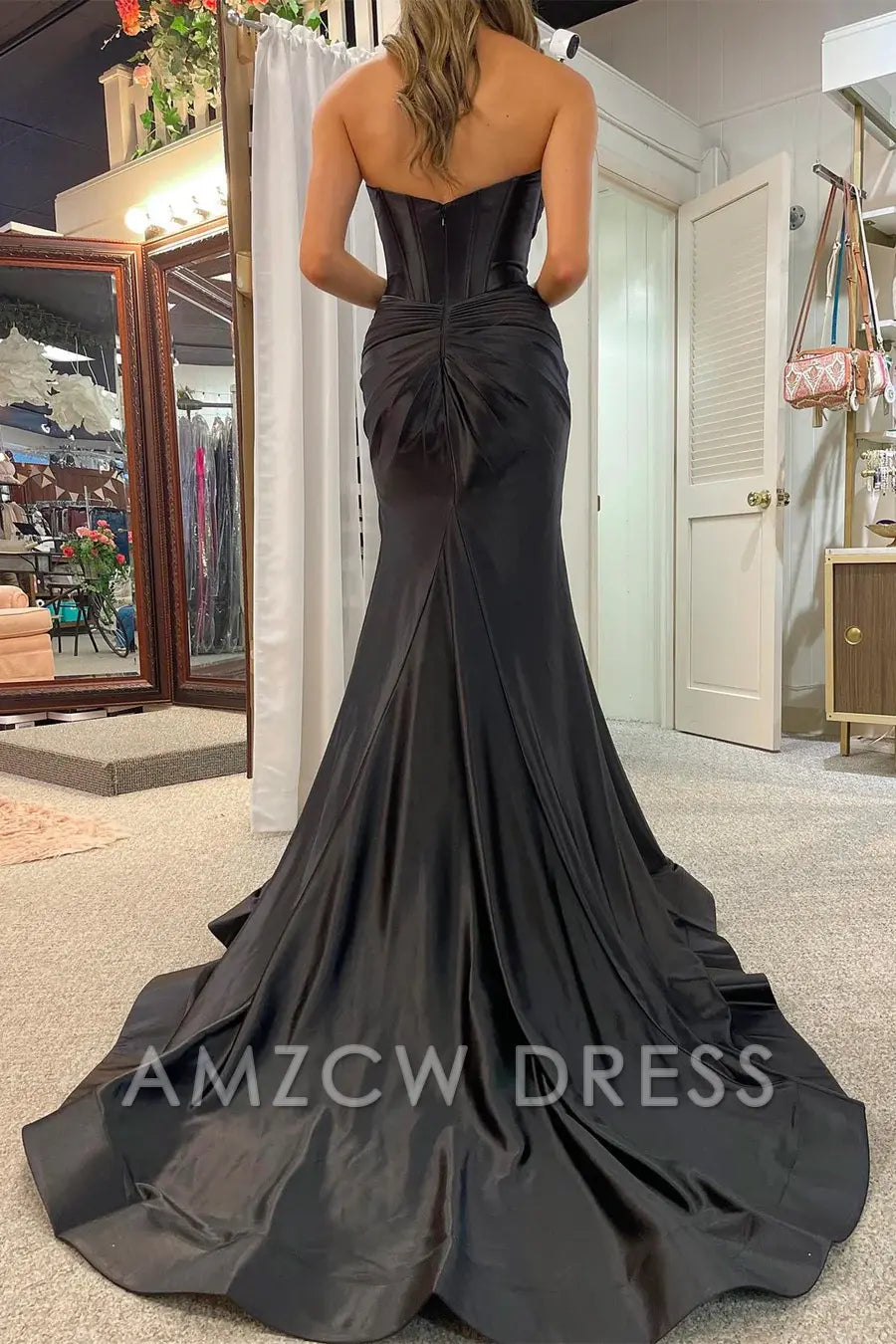 Amzcw Classy Strapless Keyhole Mermaid Satin Long Prom Dress with Slit