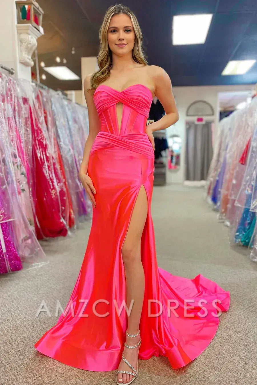 Amzcw Classy Strapless Keyhole Mermaid Satin Long Prom Dress with Slit