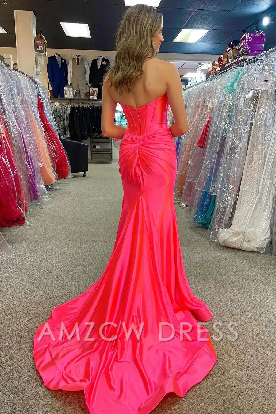 Amzcw Classy Strapless Keyhole Mermaid Satin Long Prom Dress with Slit