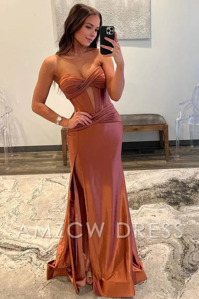 Amzcw Classy Strapless Keyhole Mermaid Satin Long Prom Dress with Slit