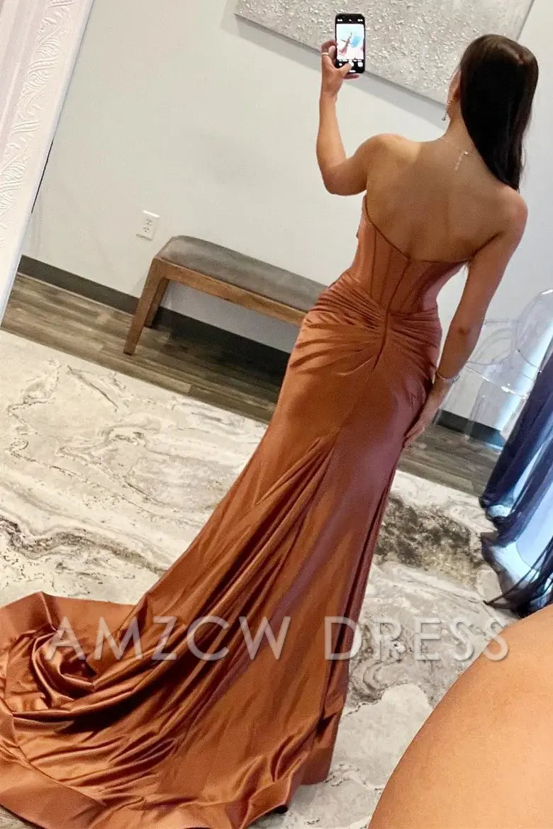 Amzcw Classy Strapless Keyhole Mermaid Satin Long Prom Dress with Slit