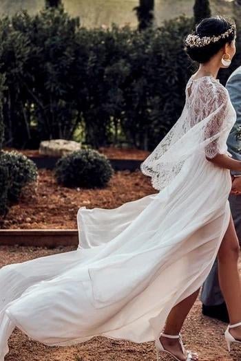 Vestido de novia convertible de dos piezas de gasa con encaje y tirantes finos para playa con abertura