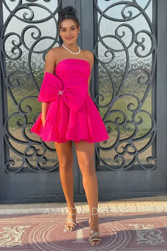 Vestidos de fiesta Amzcw elegantes, lindos, de satén, cortos, sin tirantes, con lazo, para ocasiones formales