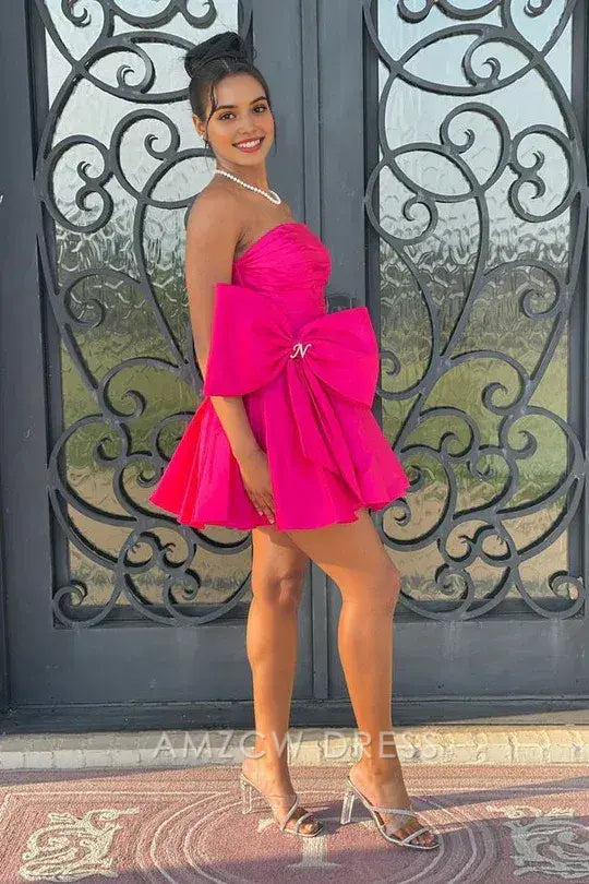 Vestidos de fiesta Amzcw elegantes, lindos, de satén, cortos, sin tirantes, con lazo, para ocasiones formales