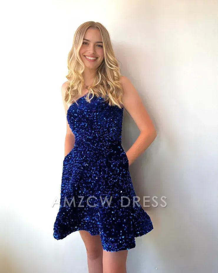 Amzcw Cute A Line One Shoulder Royal Blue Sequins Short Hoco Dresses with Pockets formal wear dresses