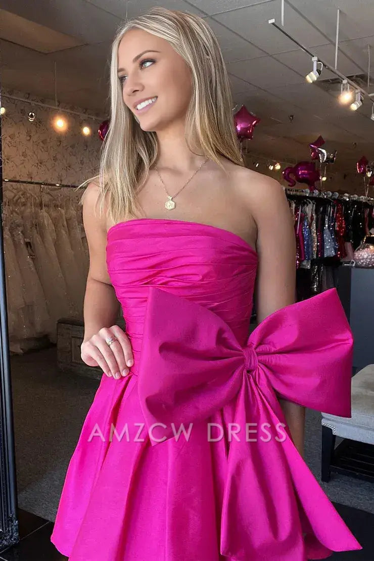 Amzcw Cute A Line Strapless Hot Pink Satin Short Homecoming Dresses with Bow formal wear dresses