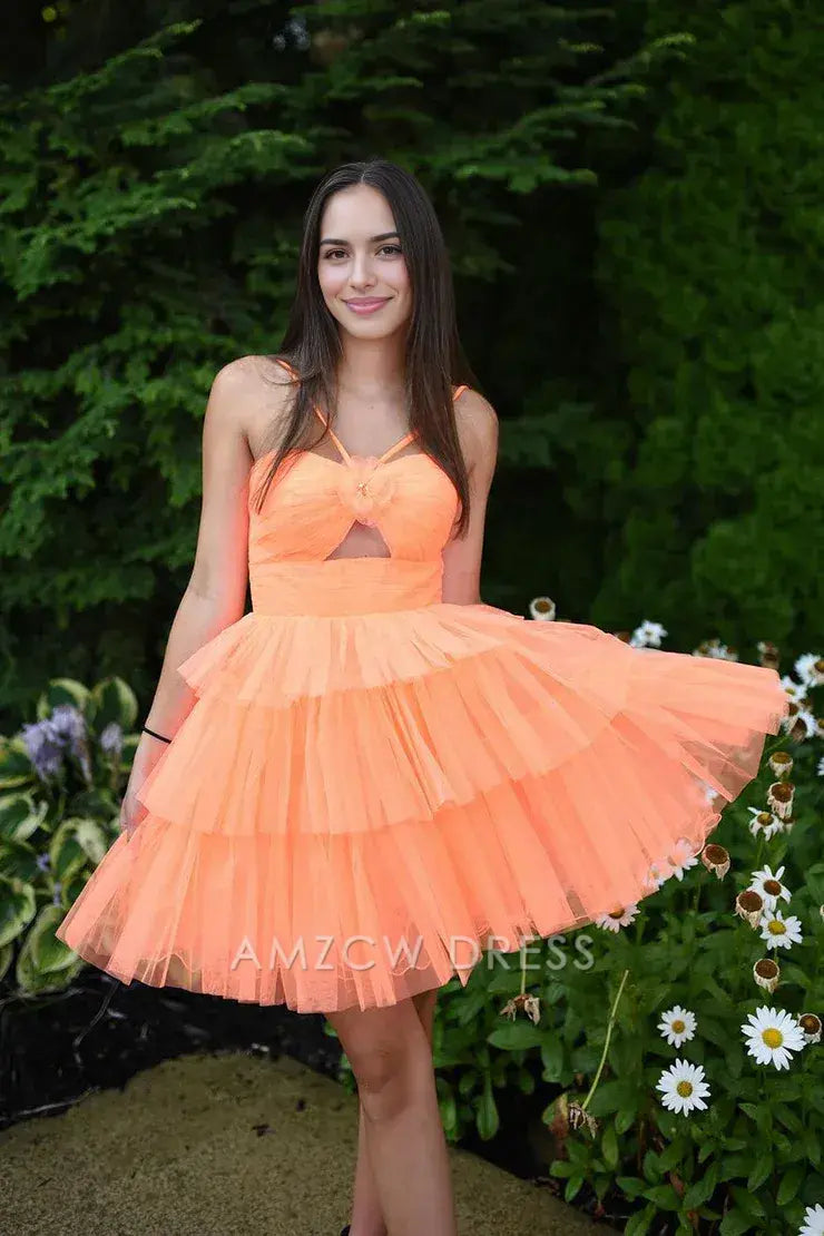 Amzcw Cute A Line Straps Orange Tulle Short Homecoming Dresses formal wear dresses