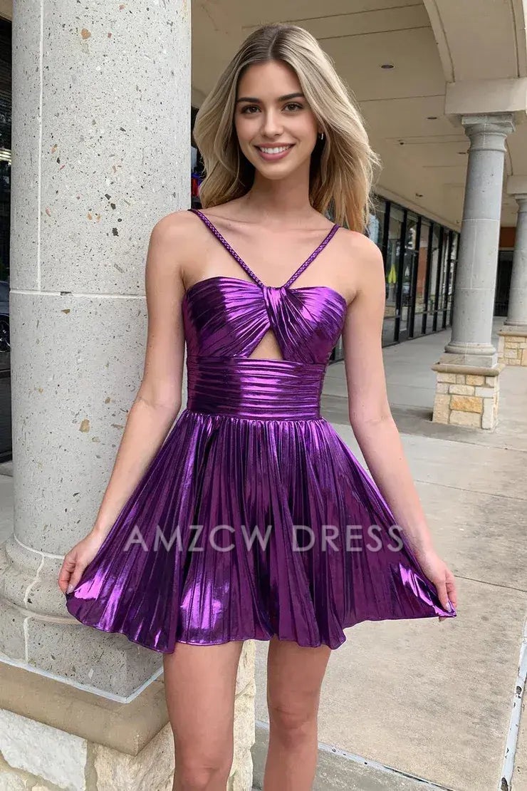 Amzcw Cute A Line Straps Purple Sparkly Satin Short Homecoming Dresses formal wear dresses