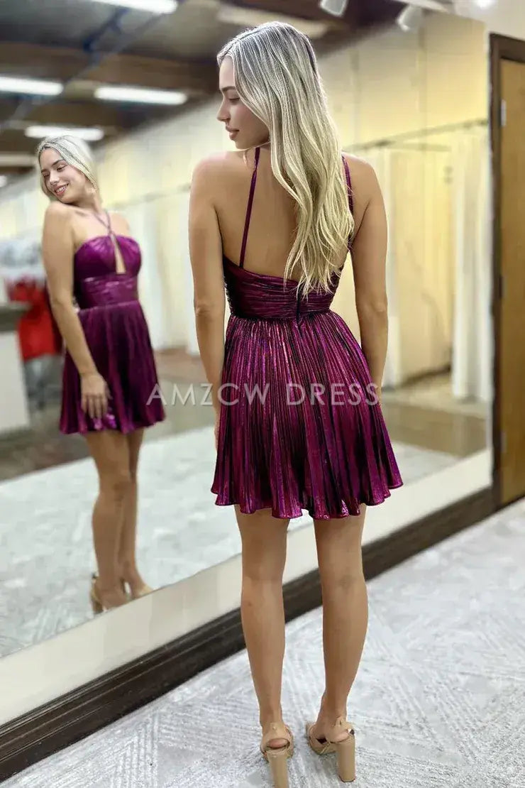Amzcw Cute A Line Straps Rose Red Pleat Satin Homecoming Dress formal wear dresses