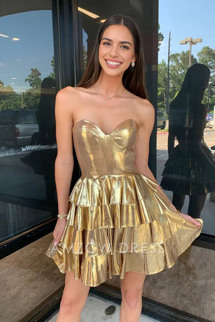 Amzcw Cute A Line Sweetheart Gold Sparkly Short Homecoming Dresses formal wear dresses